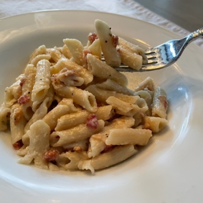 I Could Complain, but… Creamy Penne Pasta with Bacon and Parmesan (Gluten and Dairy Free!)